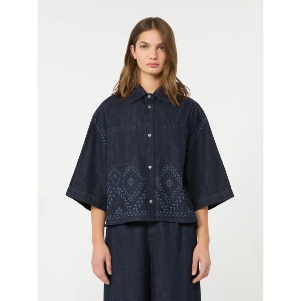 Max Mara Alare Laser Cut Denim Shirt in Navy | Shirts | Luxury Shoes 