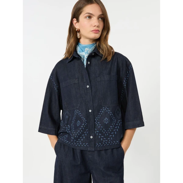 Max Mara Alare Laser Cut Denim Shirt in Navy | Shirts | Luxury Shoes 