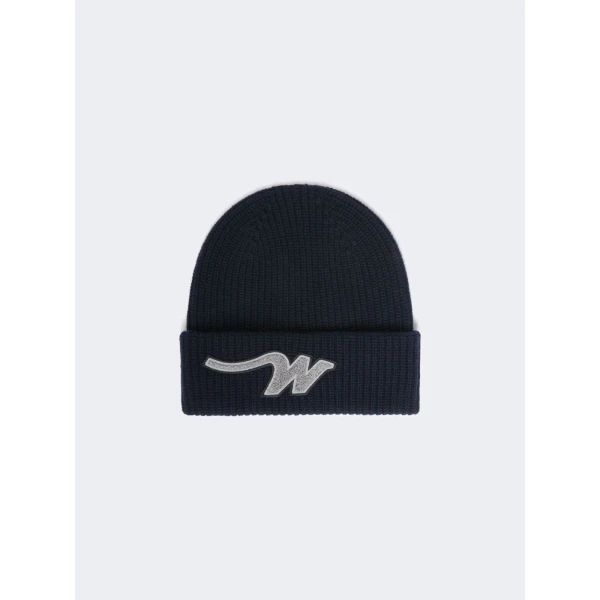 Max Mara Alben Wool W Patch Beanie in Navy | Hats | Luxury Shoes 