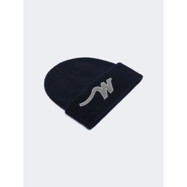 Max Mara Alben Wool W Patch Beanie in Navy | Hats | Luxury Shoes 