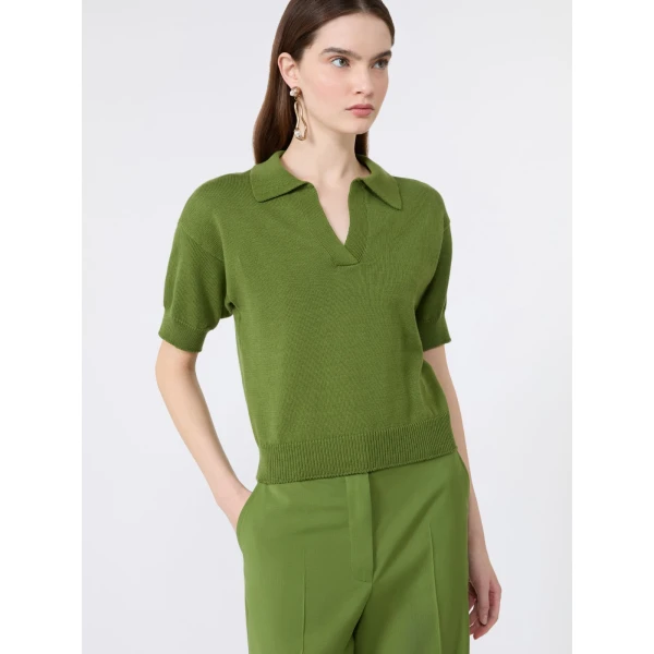 Max Mara Albero Cotton Polo Collar Jumper in Green | Sweaters | Luxury Shoes 