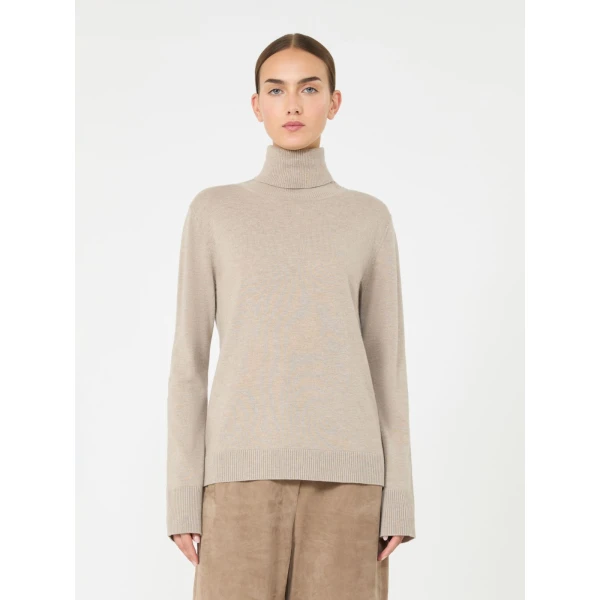 Max Mara Allegra Wool Polo-Neck Sweater with Elbow Patches in Beige | Turtlenecks | Luxury Shoes 