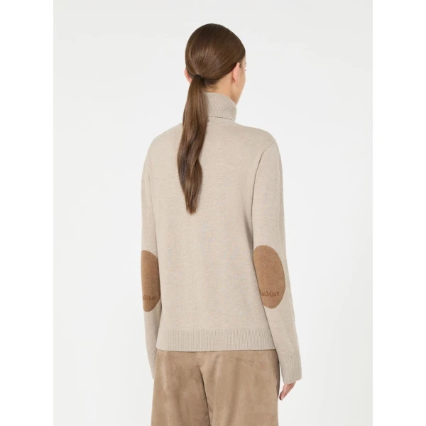 Max Mara Allegra Wool Polo-Neck Sweater with Elbow Patches in Beige | Turtlenecks | Luxury Shoes 