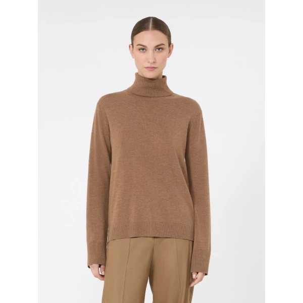 Max Mara Allegra Wool Polo-Neck Sweater with Elbow Patches in Camel | Turtlenecks | Luxury Shoes 