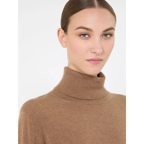 Max Mara Allegra Wool Polo-Neck Sweater with Elbow Patches in Camel | Turtlenecks | Luxury Shoes 
