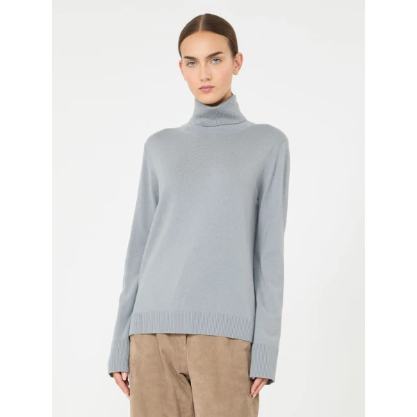Max Mara Allegra Wool Polo-Neck Sweater with Elbow Patches in Light Blue | Turtlenecks | Luxury Shoes 