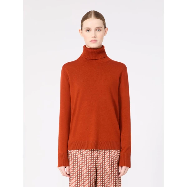 Max Mara Allegra Wool Polo-Neck Sweater with Elbow Patches in Orange | Turtlenecks | Luxury Shoes 