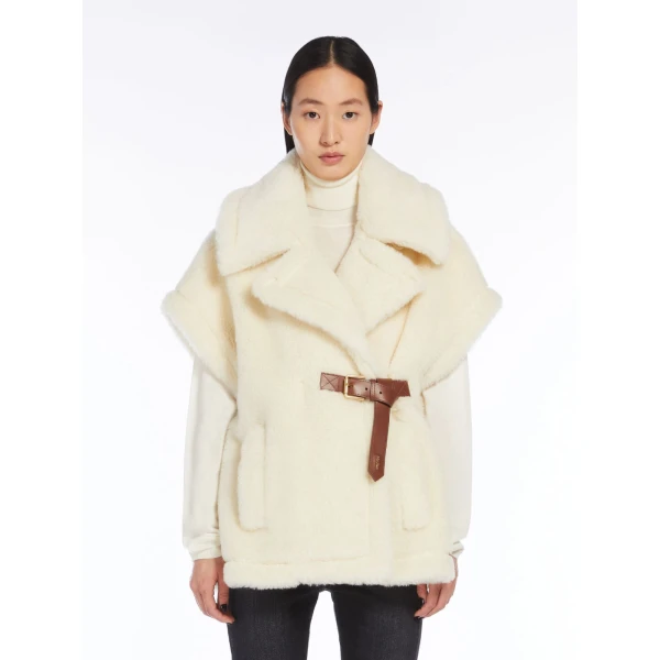 Max Mara Alpaca and Wool Teddy Gilet Cape in Optical White | Coats | Luxury Shoes 