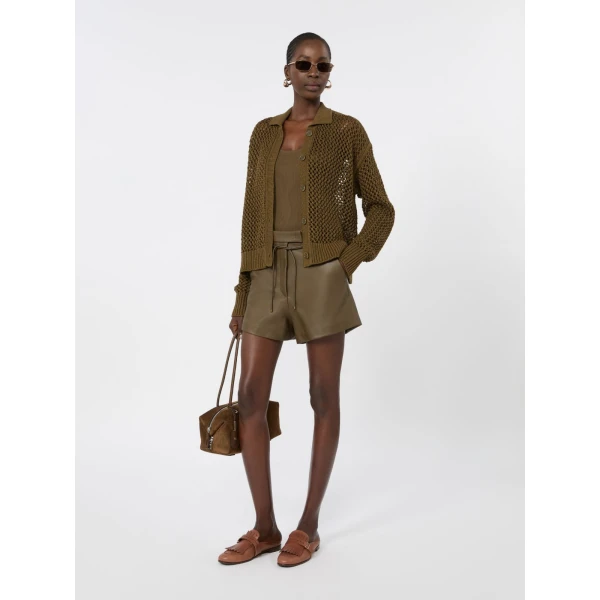 Max Mara Amaca Nappa Leather Shorts in Khaki | Shorts | Luxury Shoes 