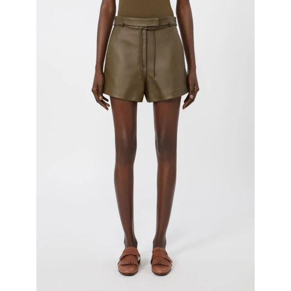 Max Mara Amaca Nappa Leather Shorts in Khaki | Shorts | Luxury Shoes 