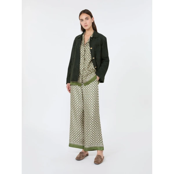 Max Mara Amelia Printed Silk Twill Drawstring Trousers in Khaki | Tailored pants | Luxury Shoes 