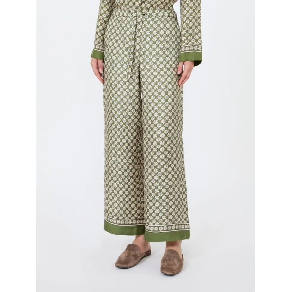Max Mara Amelia Printed Silk Twill Drawstring Trousers in Khaki | Tailored pants | Luxury Shoes 