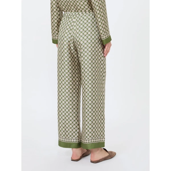 Max Mara Amelia Printed Silk Twill Drawstring Trousers in Khaki | Tailored pants | Luxury Shoes 