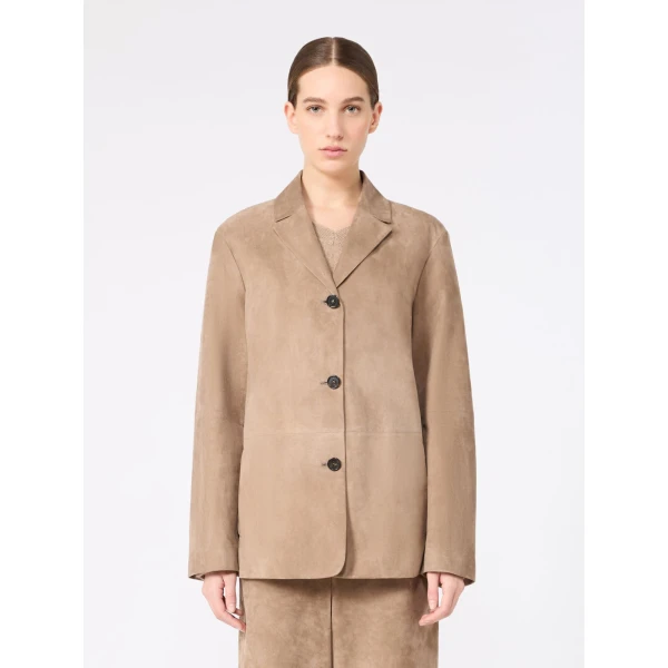 Max Mara Ancora Single-Breasted Suede Jacket in Natural | Leather Jackets | Luxury Shoes 