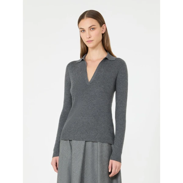 Max Mara Angel Cashmere Yarn Polo Sweater in Dark Grey | Sweaters | Luxury Shoes 