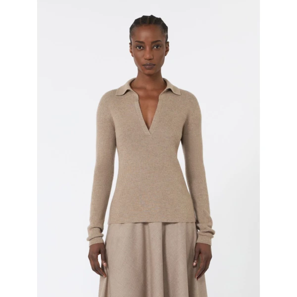 Max Mara Angel Cashmere Yarn Polo Sweater in Sand | Sweaters | Luxury Shoes 