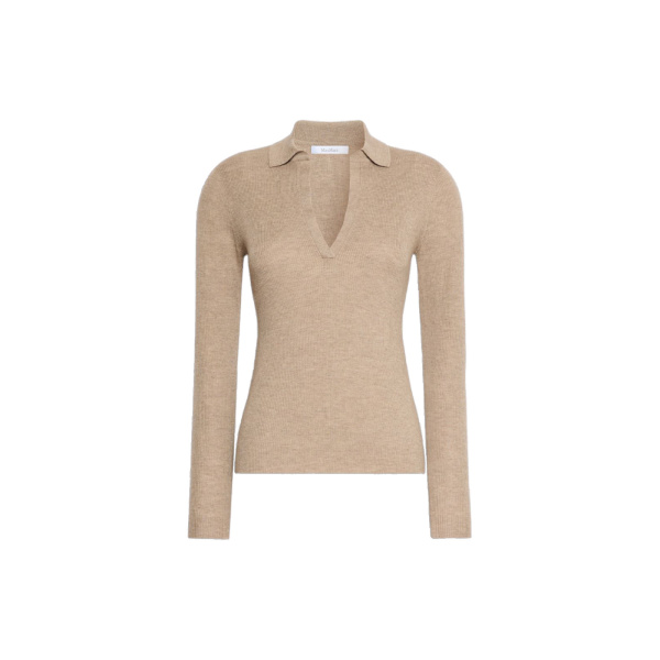 Max Mara Angel Cashmere Yarn Polo Sweater in Sand | Sweaters | Luxury Shoes 