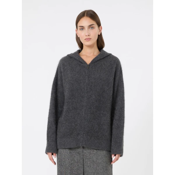 Max Mara Anne Brushed Yak Wool Hooded Cardigan in Medium Grey | Cardigan | Luxury Shoes 