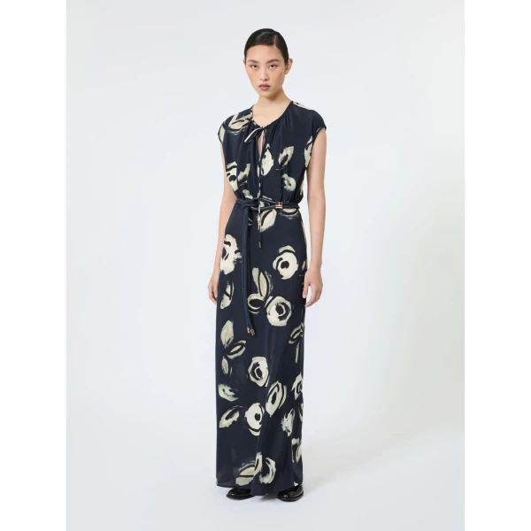 Max Mara Apotema Long Printed Crepe de Chine Dress in Ultramarine | Maxi Dresses | Luxury Shoes 
