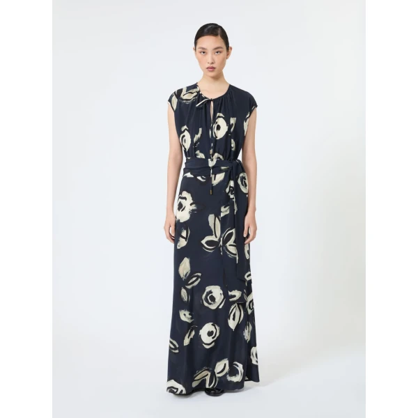 Max Mara Apotema Long Printed Crepe de Chine Dress in Ultramarine | Maxi Dresses | Luxury Shoes 