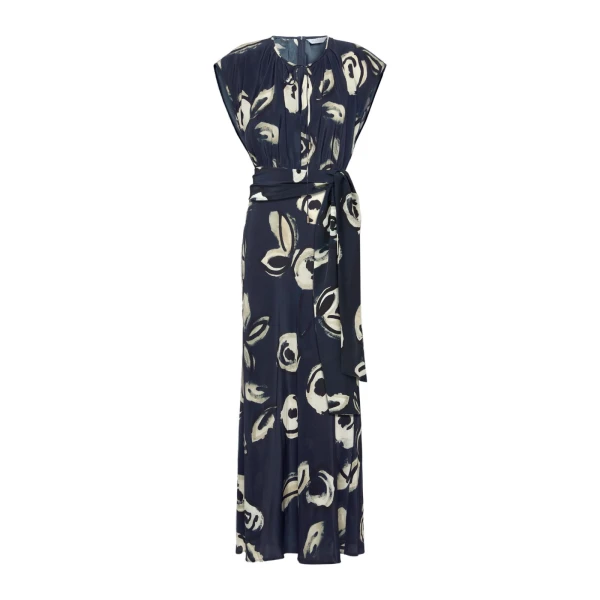 Max Mara Apotema Long Printed Crepe de Chine Dress in Ultramarine | Maxi Dresses | Luxury Shoes 