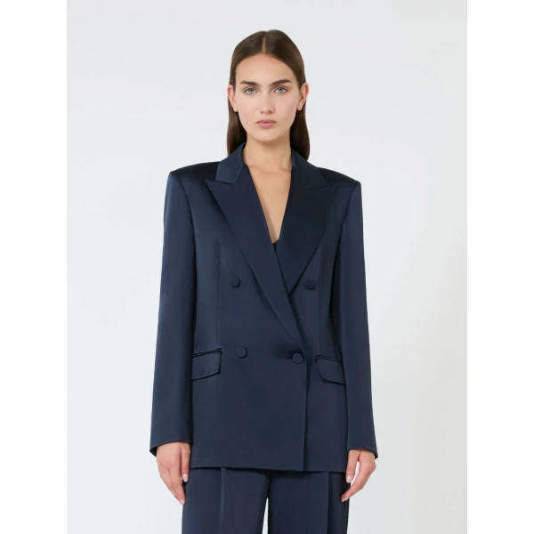 Max Mara Arca Double-Breasted Envers Satin Blazer in Midnight Blue | Blazers | Luxury Shoes 