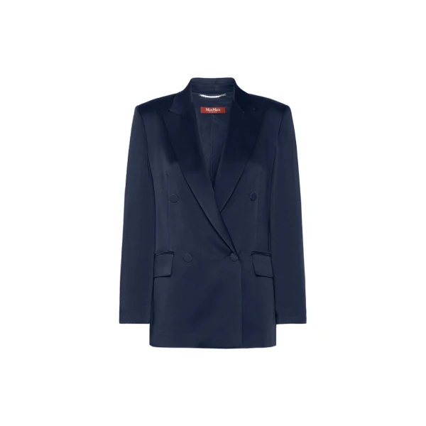 Max Mara Arca Double-Breasted Envers Satin Blazer in Midnight Blue | Blazers | Luxury Shoes 