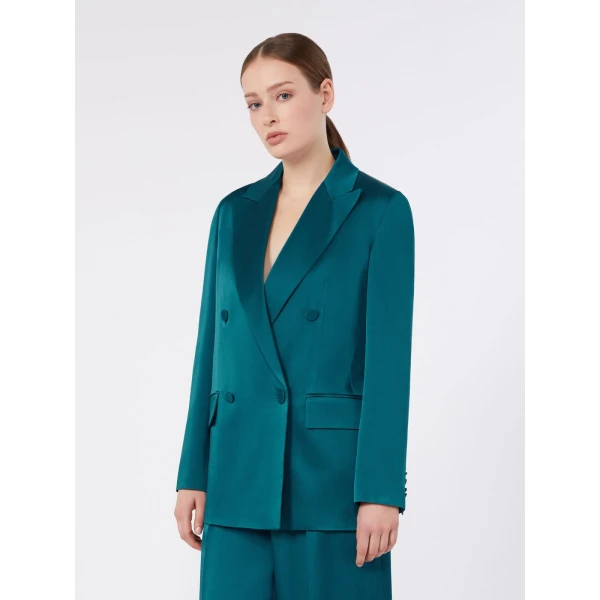 Max Mara Arca Double-Breasted Envers Satin Blazer in Oil Green | Blazers | Luxury Shoes 