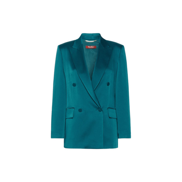 Max Mara Arca Double-Breasted Envers Satin Blazer in Oil Green | Blazers | Luxury Shoes 