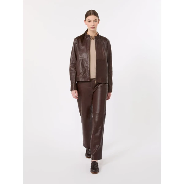 Max Mara Armony Nappa Leather Biker Jacket in Dark Brown | Leather Jackets | Luxury Shoes 