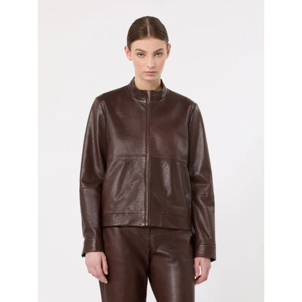 Max Mara Armony Nappa Leather Biker Jacket in Dark Brown | Leather Jackets | Luxury Shoes 