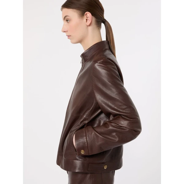 Max Mara Armony Nappa Leather Biker Jacket in Dark Brown | Leather Jackets | Luxury Shoes 