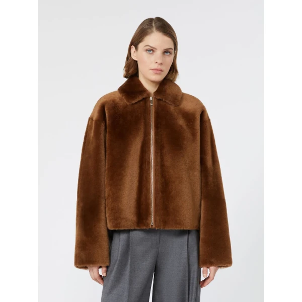 Max Mara Assenso Sheepskin Boxy Jacket in Tobacco | Shearling Jackets | Luxury Shoes 