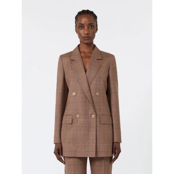 Max Mara Astrale Double-Breasted Glen Plaid Wool Blazer in Camel | Blazers | Luxury Shoes 