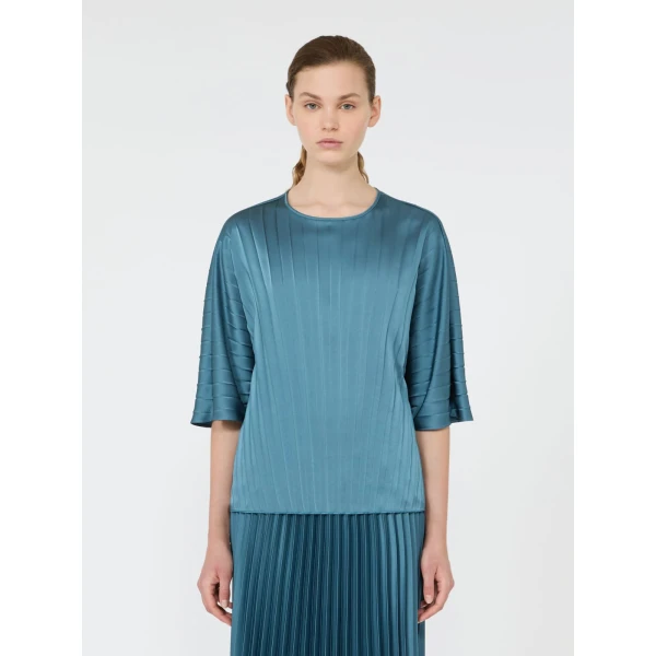 Max Mara Aureo Pleated Satin Blouse in Blue Azure | Blouse | Luxury Shoes 