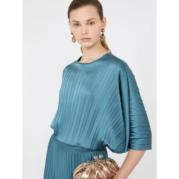 Max Mara Aureo Pleated Satin Blouse in Blue Azure | Blouse | Luxury Shoes 