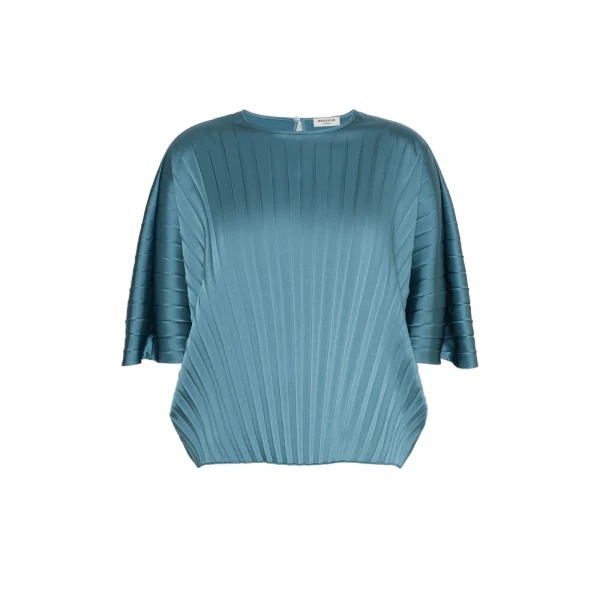 Max Mara Aureo Pleated Satin Blouse in Blue Azure | Blouse | Luxury Shoes 