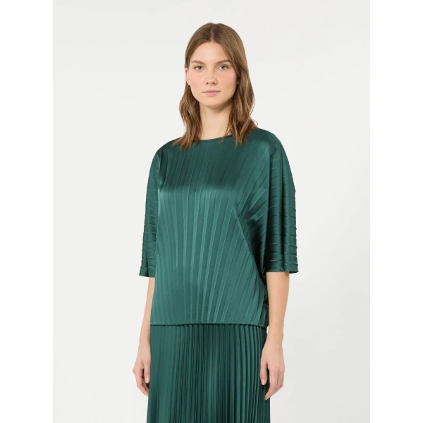 Max Mara Aureo Pleated Satin Blouse in Dark Green | Blouse | Luxury Shoes 