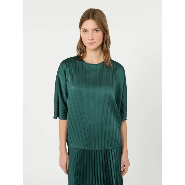 Max Mara Aureo Pleated Satin Blouse in Dark Green | Blouse | Luxury Shoes 