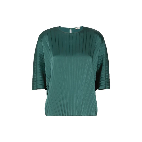 Max Mara Aureo Pleated Satin Blouse in Dark Green | Blouse | Luxury Shoes 