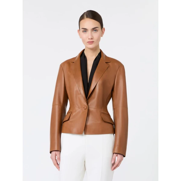 Max Mara Avenue Single-Breasted Nappa Leather Jacket in Tobacco | Leather Jackets | Luxury Shoes 