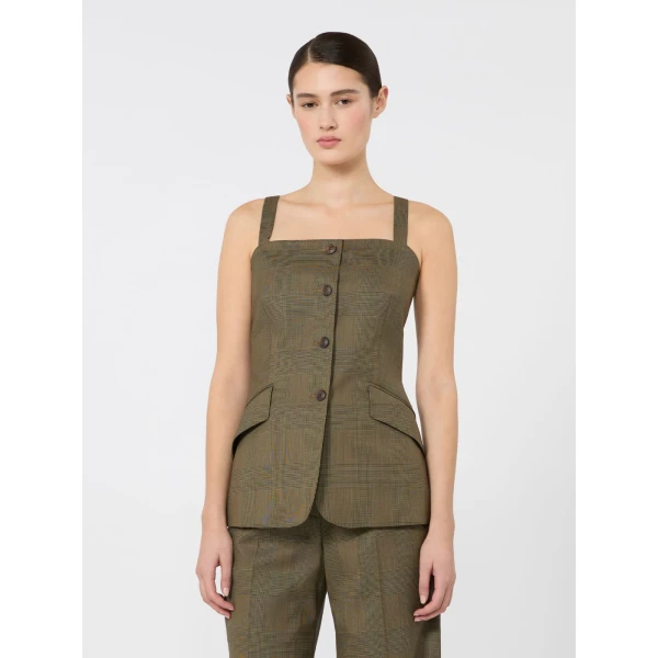 Max Mara Bacca Glen Plaid Wool Gilet in Khaki | Vests | Luxury Shoes 
