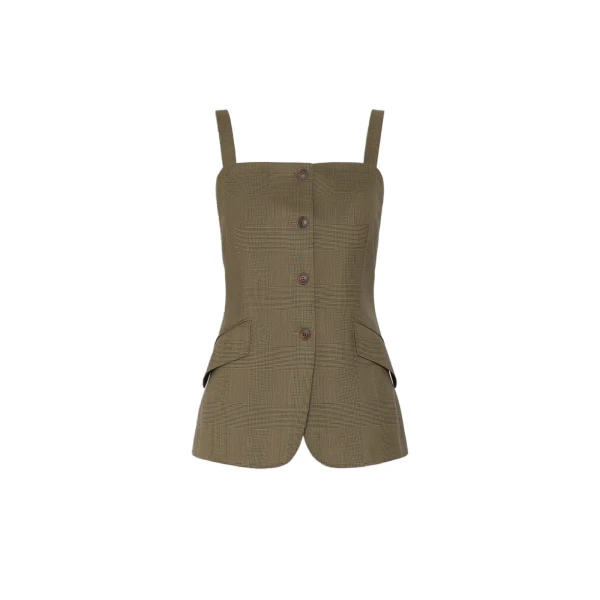 Bacca Glen Plaid Wool Gilet in Khaki