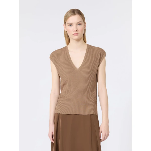 Max Mara Bacca Ribbed Wool Gilet in Camel | Sweaters | Luxury Shoes 