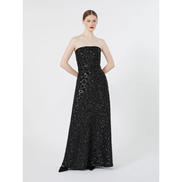 Max Mara Baffo Embroidered Tulle Bustier Gown in Black | Maxi Dresses | Luxury Shoes 