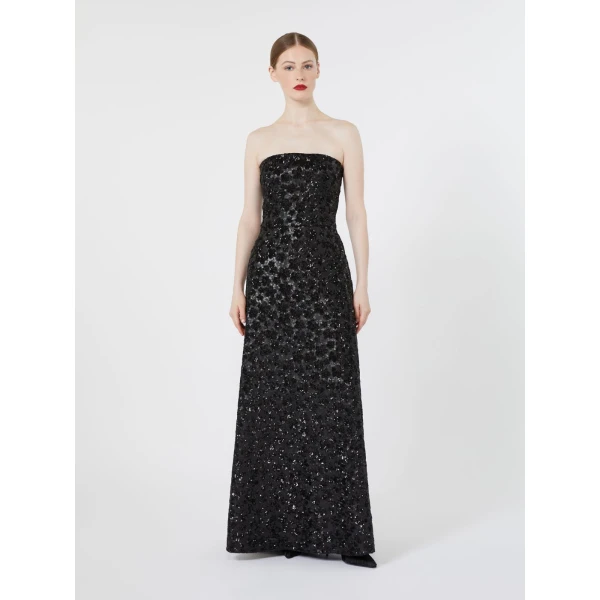 Max Mara Baffo Embroidered Tulle Bustier Gown in Black | Maxi Dresses | Luxury Shoes 