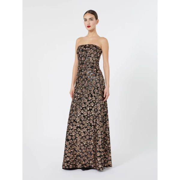 Max Mara Baffo Embroidered Tulle Bustier Gown in Bronze | Maxi Dresses | Luxury Shoes 