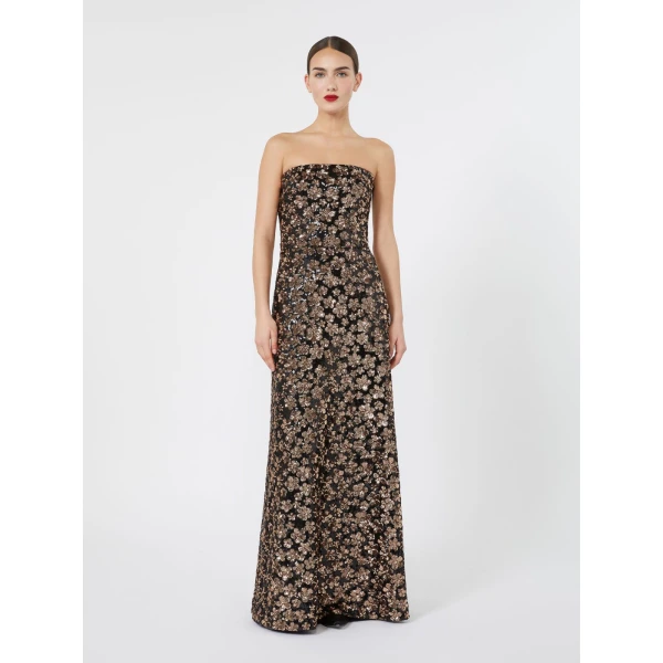 Max Mara Baffo Embroidered Tulle Bustier Gown in Bronze | Maxi Dresses | Luxury Shoes 