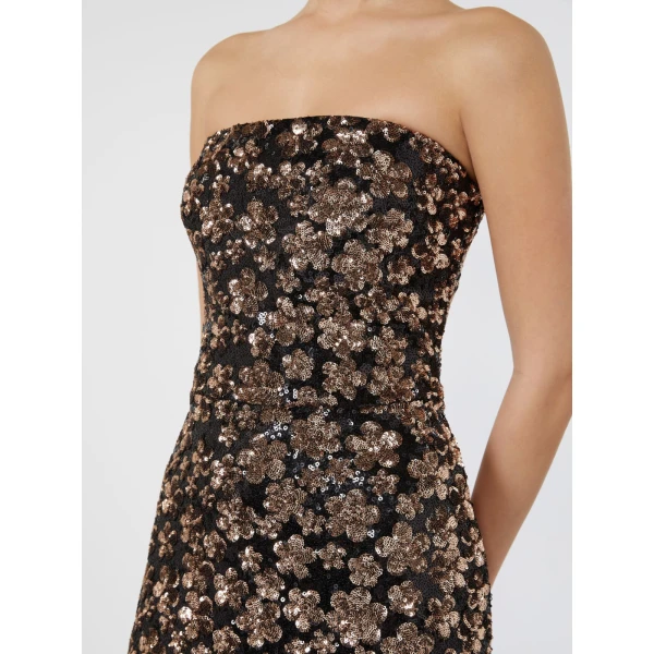Max Mara Baffo Embroidered Tulle Bustier Gown in Bronze | Maxi Dresses | Luxury Shoes 