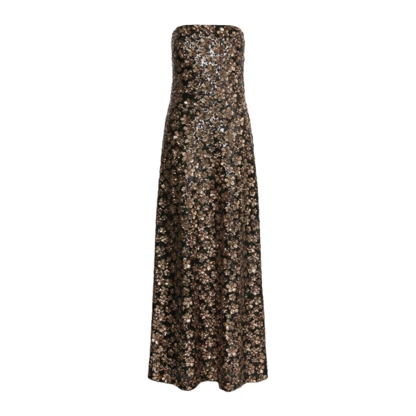 Max Mara Baffo Embroidered Tulle Bustier Gown in Bronze | Maxi Dresses | Luxury Shoes 